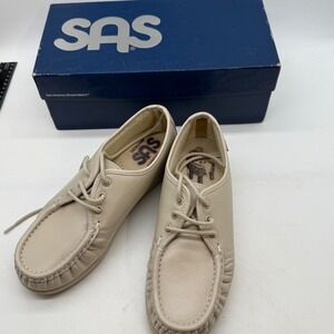 SAS Siesta Womens Bone Leather Lace Up‎ Loafer Moccasin Shoes Made in USA Beige